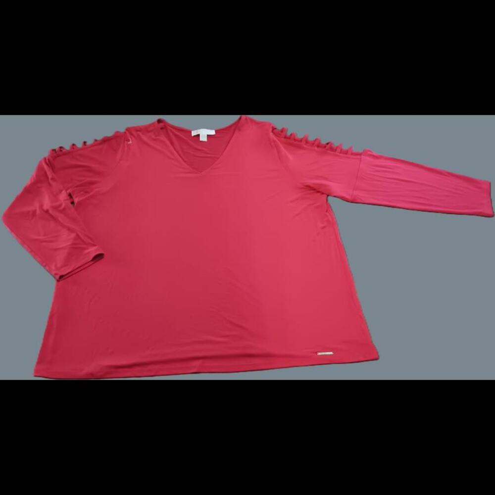 Michael Kors Women’s V-Neck Top 2X - Red with Ruffled Holes in Sleeves